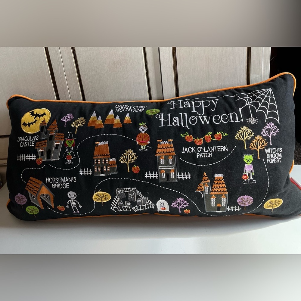 Isaac Mizrahi Large Lumbar Pillow Embroidered Halloween Village Candy Lane